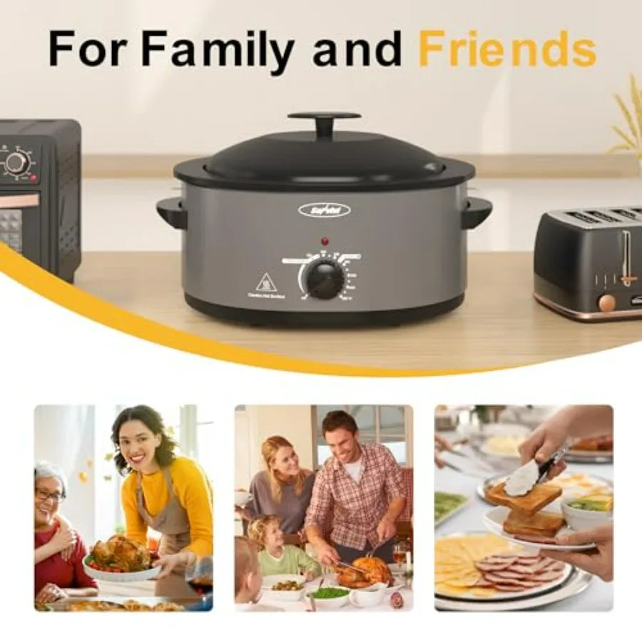 Electric Turkey Roaster Oven with Self-Basting Lid for Slow Cooking Stainless Steel Grey 8 QT with Removable Pan and Rack