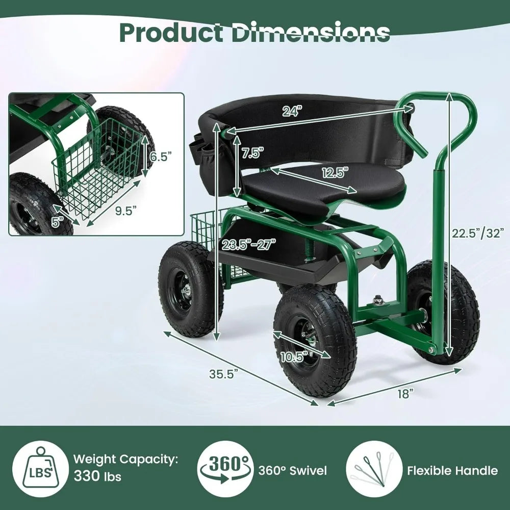 Goplus Garden Seat with Wheels, Rolling Gardening Stool with Adjustable 360° Swivel Seat, Tool Tray & Storage Basket Extendable