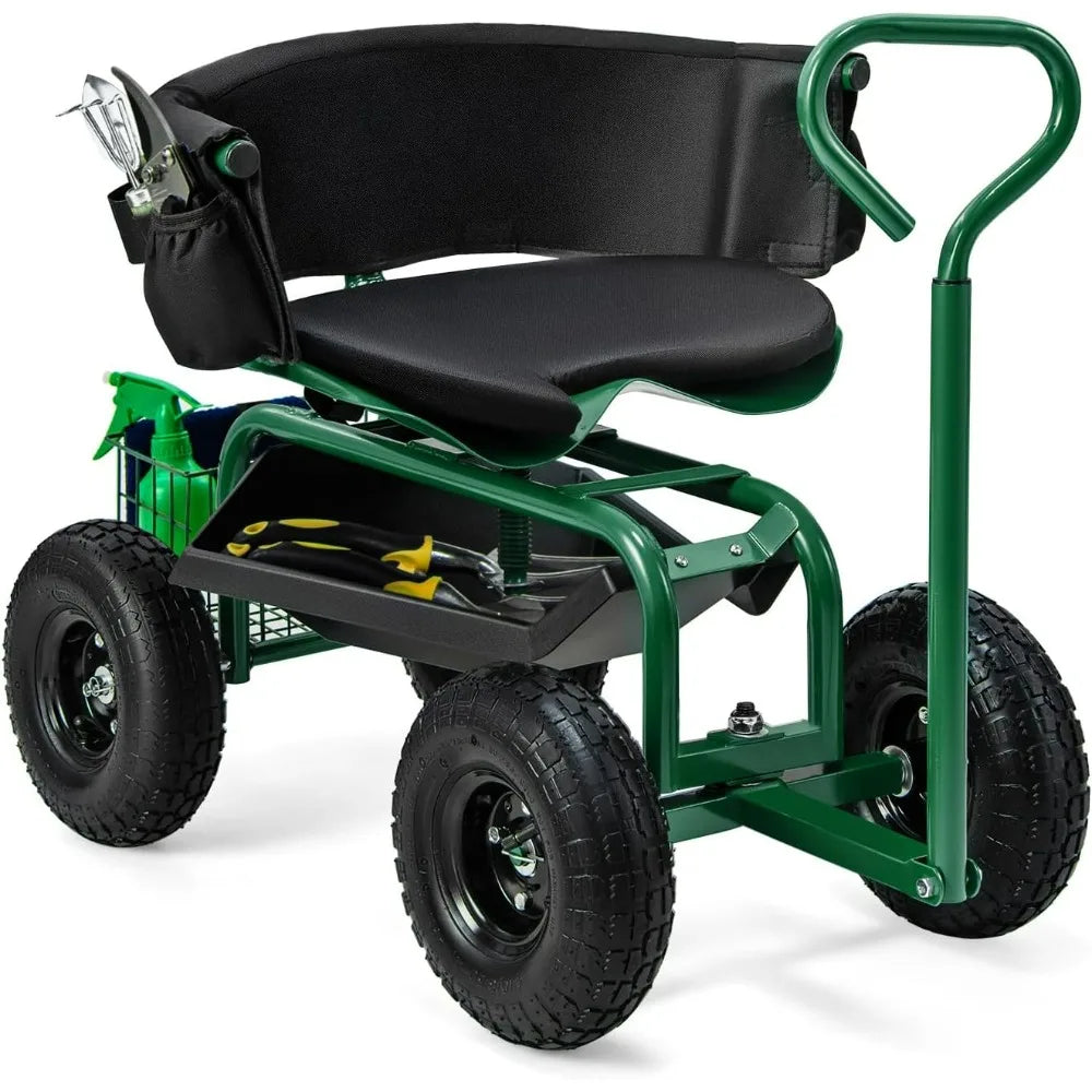 Goplus Garden Seat with Wheels, Rolling Gardening Stool with Adjustable 360° Swivel Seat, Tool Tray & Storage Basket Extendable