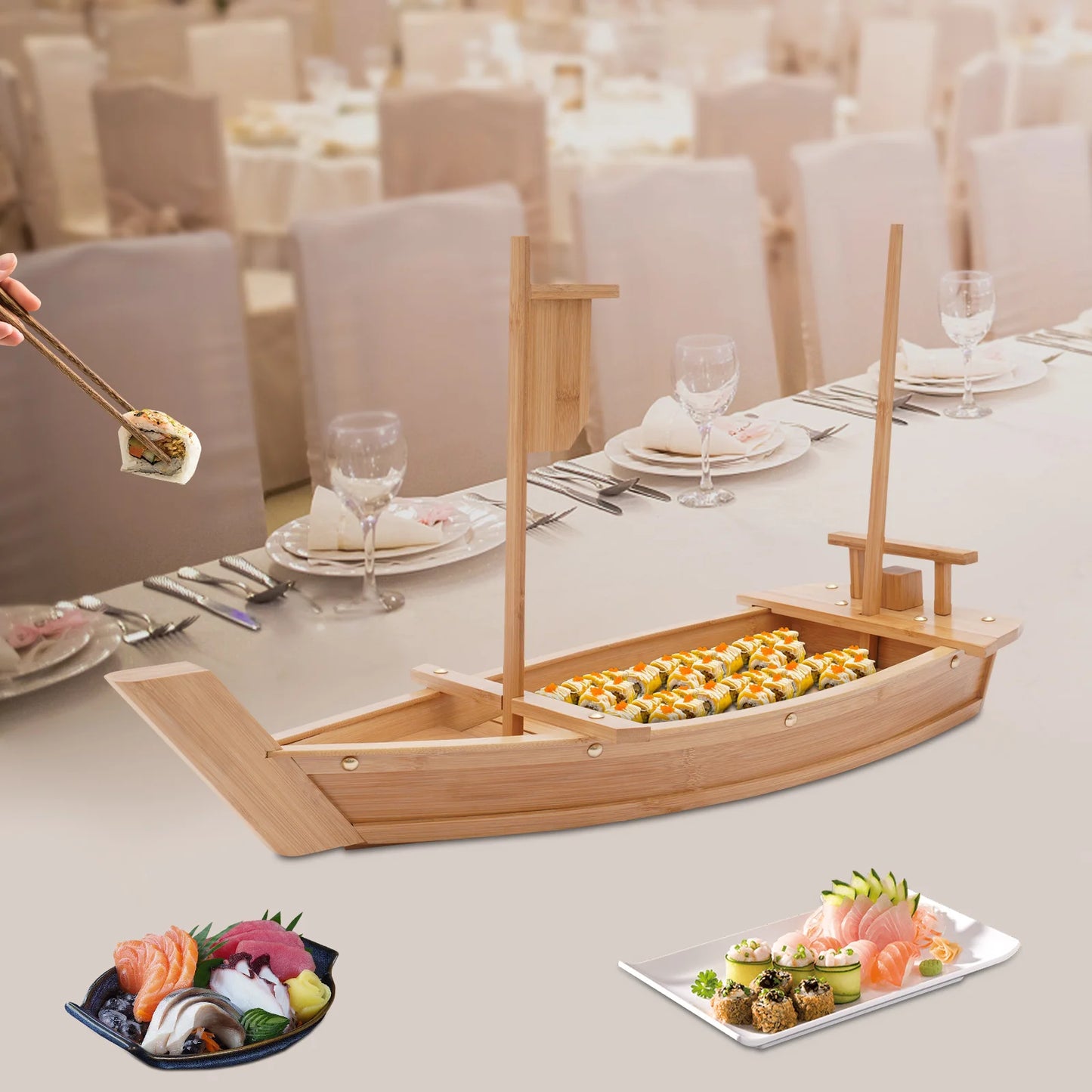 Bamboo Sushi Boat Serving Tray For Parties And Buffets