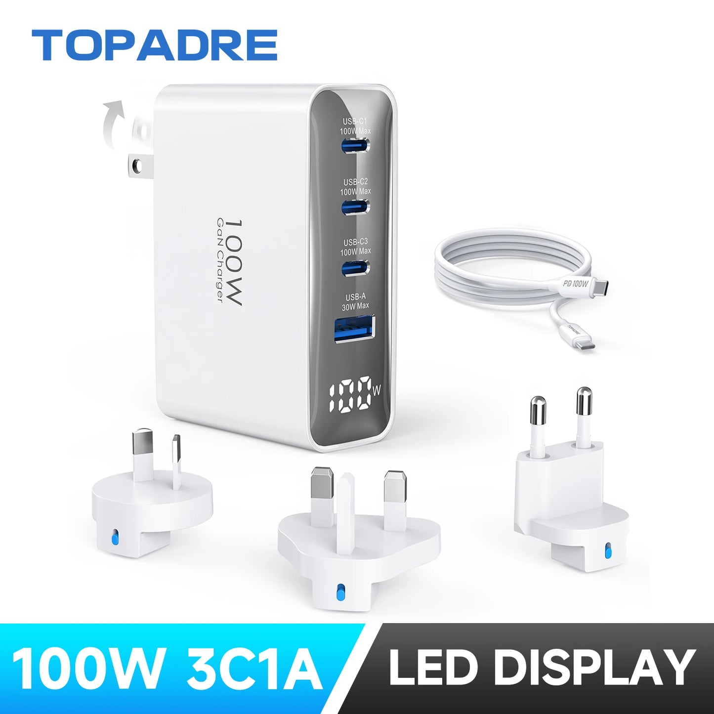 100W USB C Travel Charger 4-Port Foldable Travel Adapter UK/EU/AU