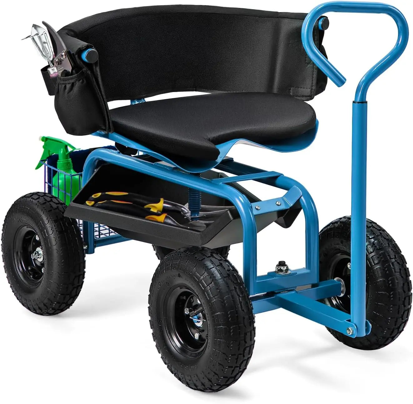 Goplus Garden Seat with Wheels, Rolling Gardening Stool with Adjustable 360° Swivel Seat, Tool Tray & Storage Basket Extendable