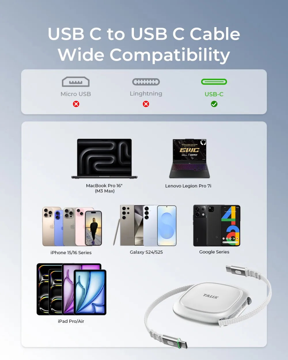 TALIX 240W Retractable USB C Cable 3.94Ft PD 3.2 Fast Charging USB C to USB C Cable Travel Charger Cable Mini Phone Charger Cord