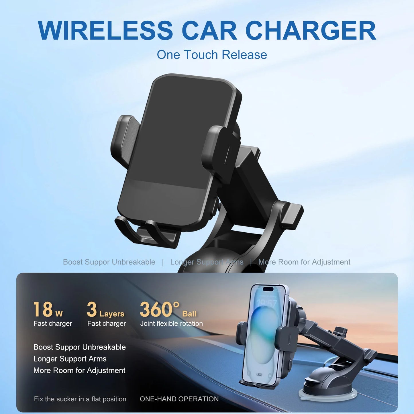 Wireless Car Charger Mount 15W Fast Charge iPhone And Galaxy