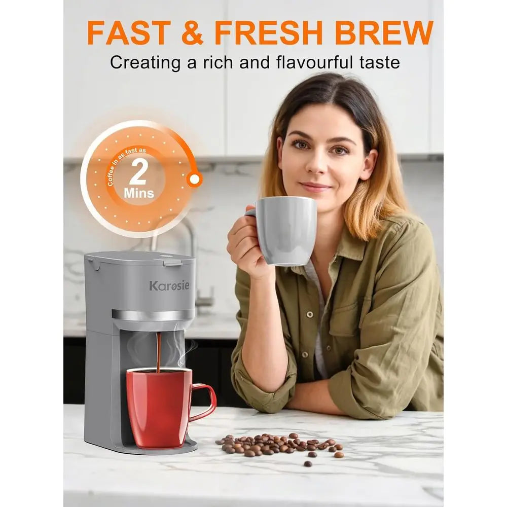 Single Serve Coffee Maker, K-Cup and Ground Coffee, Fast Brew, 6-12 oz Sizes, One Cup Coffee Machine, One-Button Small Coffee Ma