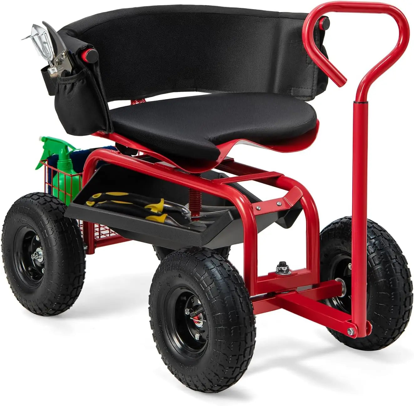Goplus Garden Seat with Wheels, Rolling Gardening Stool with Adjustable 360° Swivel Seat, Tool Tray & Storage Basket Extendable
