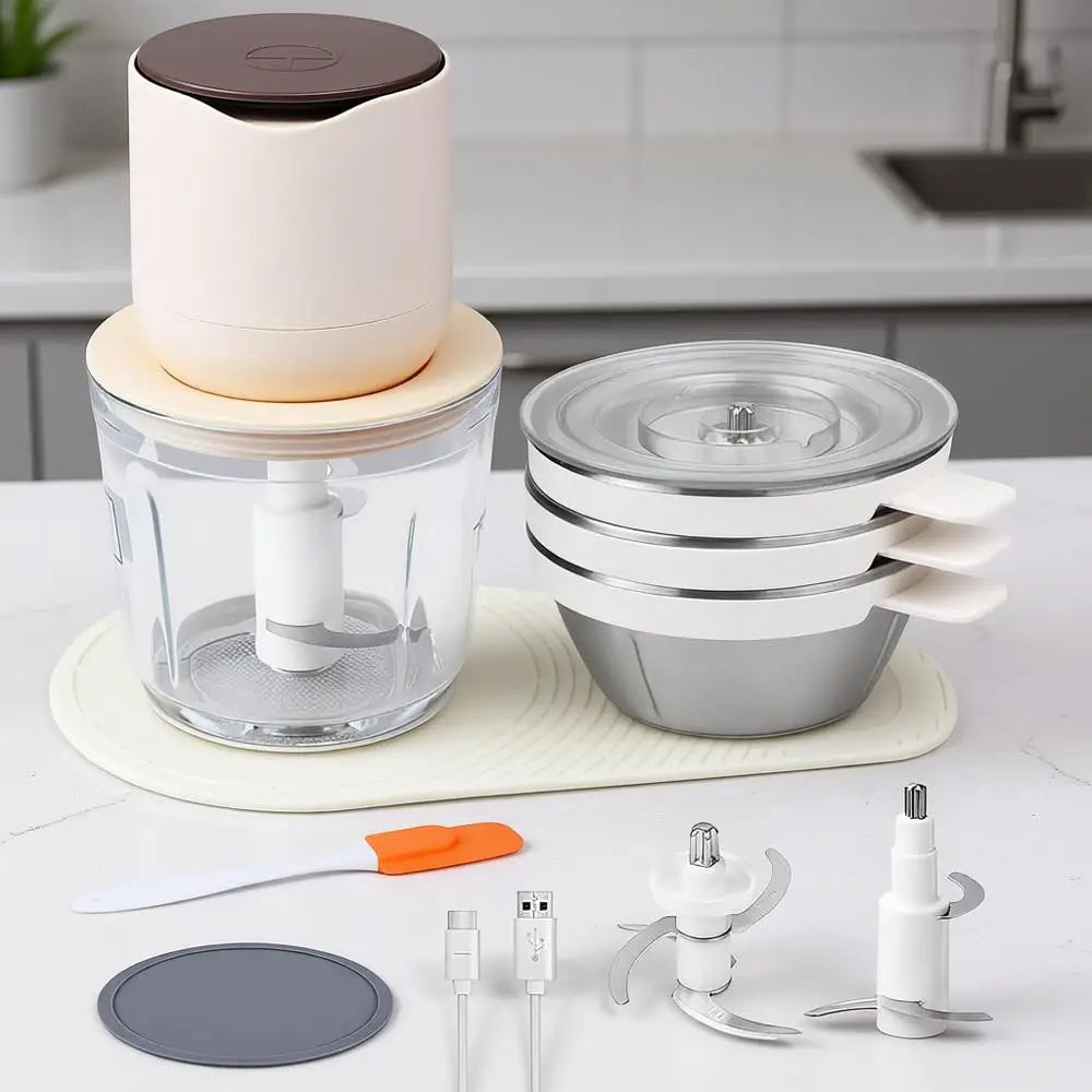 4-in-1 Small Food Processor Set with 600ml Glass Bowl, 3*240ml Stainless Steel Bowls and 3+4 Blades, USB-C Rechargeable Battery
