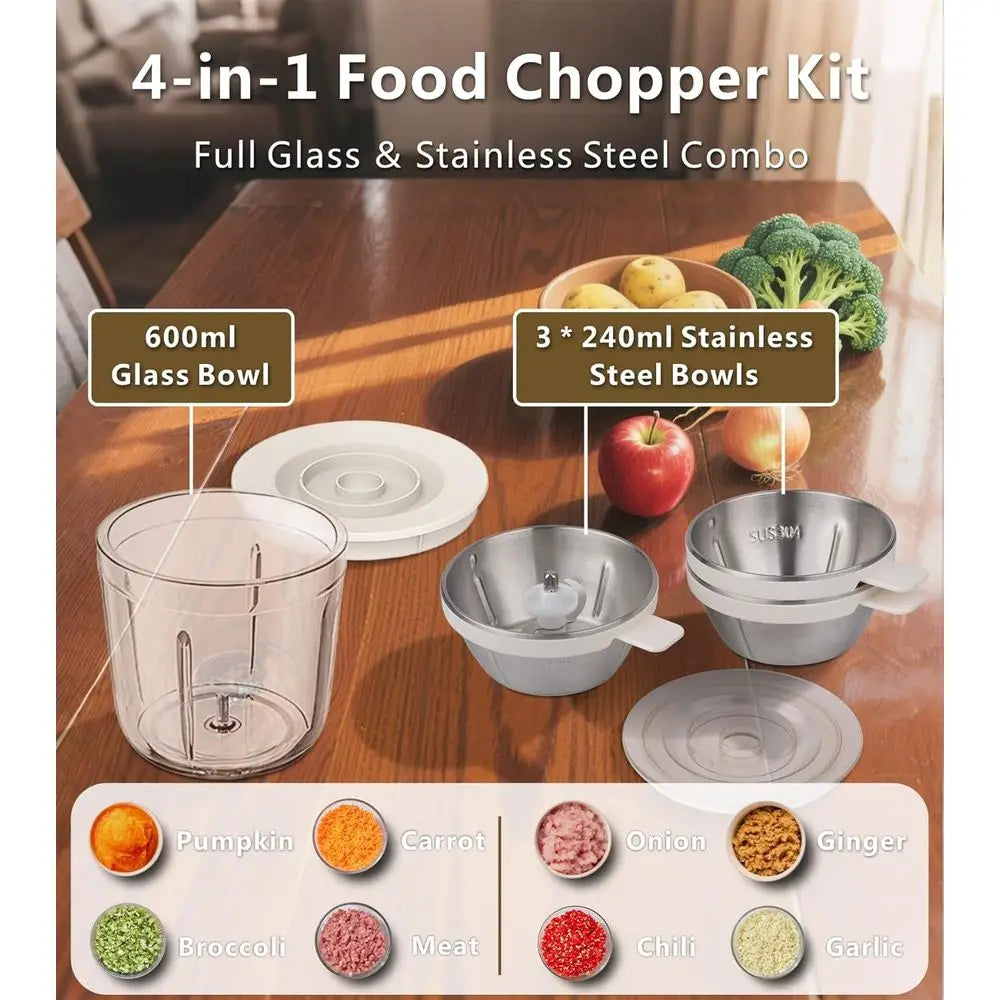 4-in-1 Small Food Processor Set with 600ml Glass Bowl, 3*240ml Stainless Steel Bowls and 3+4 Blades, USB-C Rechargeable Battery
