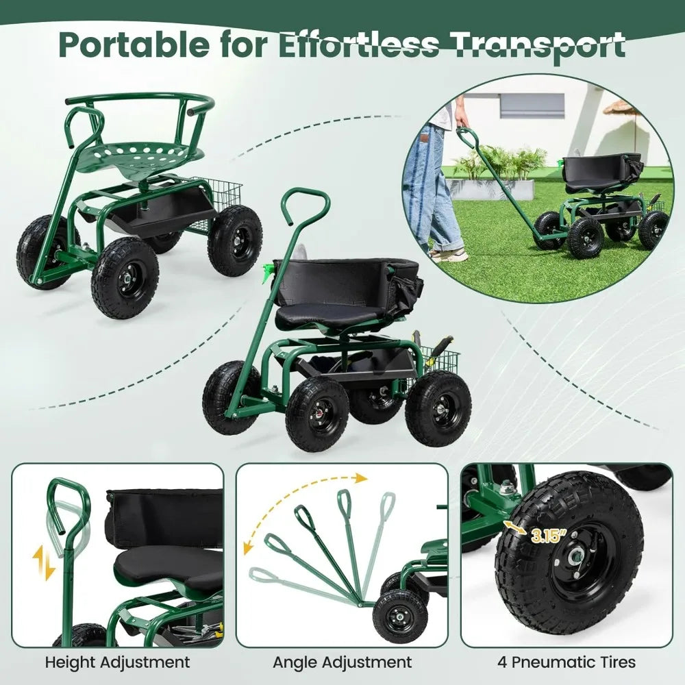 Goplus Garden Seat with Wheels, Rolling Gardening Stool with Adjustable 360° Swivel Seat, Tool Tray & Storage Basket Extendable