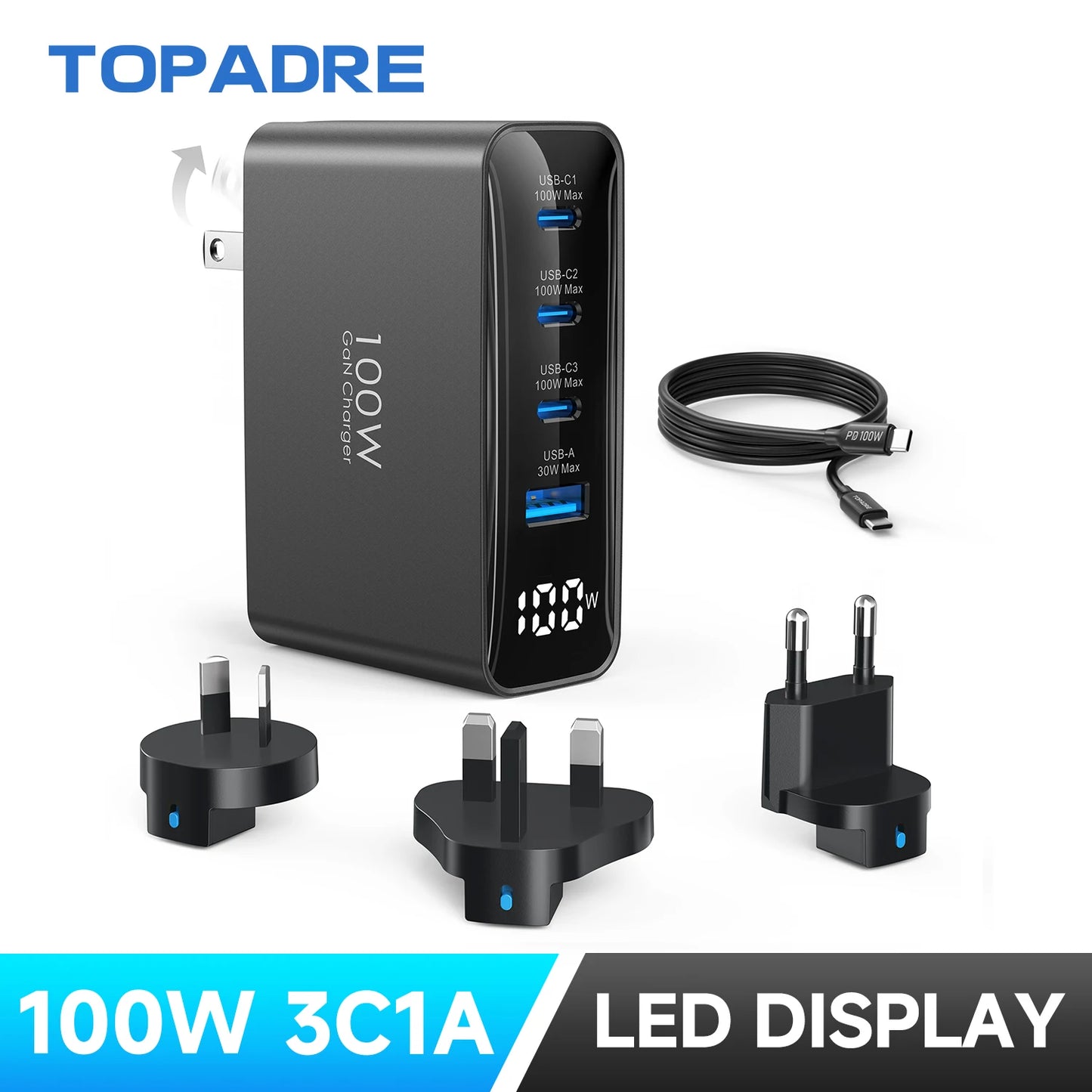 100W USB C Travel Charger 4-Port Foldable Travel Adapter UK/EU/AU