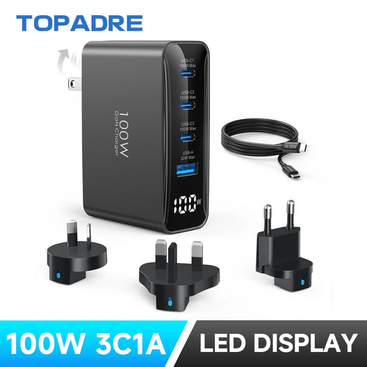 100W USB C Travel Charger 4-Port Foldable Travel Adapter UK/EU/AU