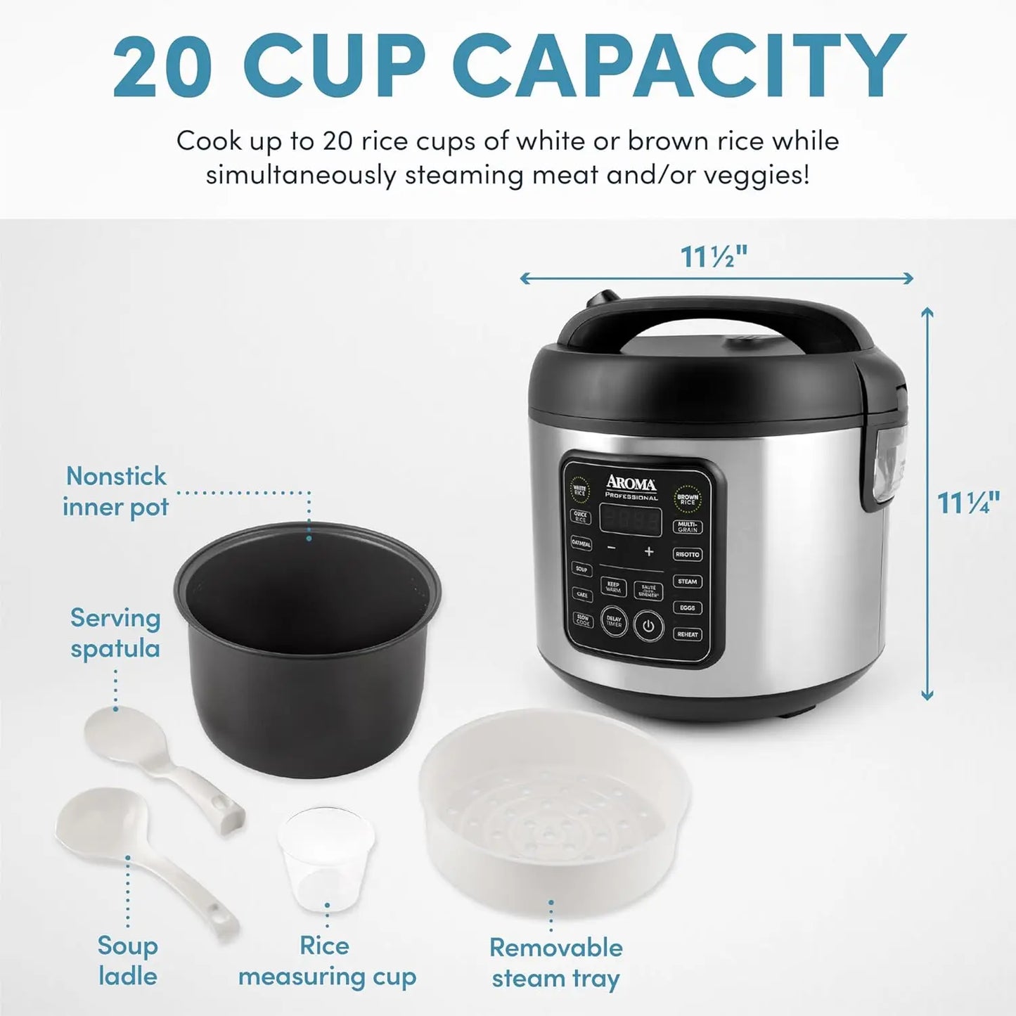 20-Cup Digital Rice Cooker with Steamer & Slow Cooker Functions, Stainless Steel Exterior, Nonstick Pot