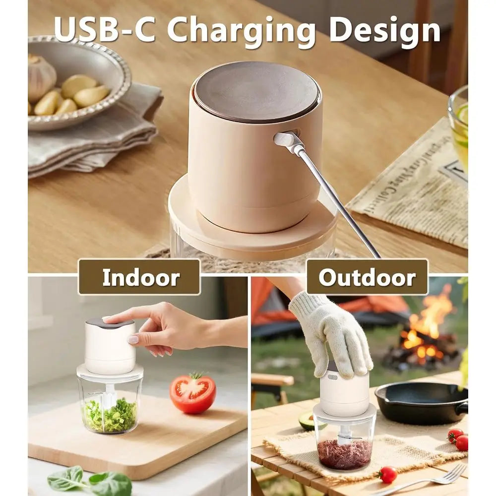 4-in-1 Small Food Processor Set with 600ml Glass Bowl, 3*240ml Stainless Steel Bowls and 3+4 Blades, USB-C Rechargeable Battery