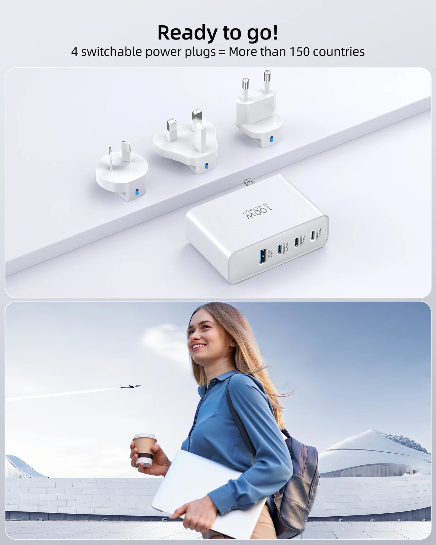 100W USB C Travel Charger 4-Port Foldable Travel Adapter UK/EU/AU