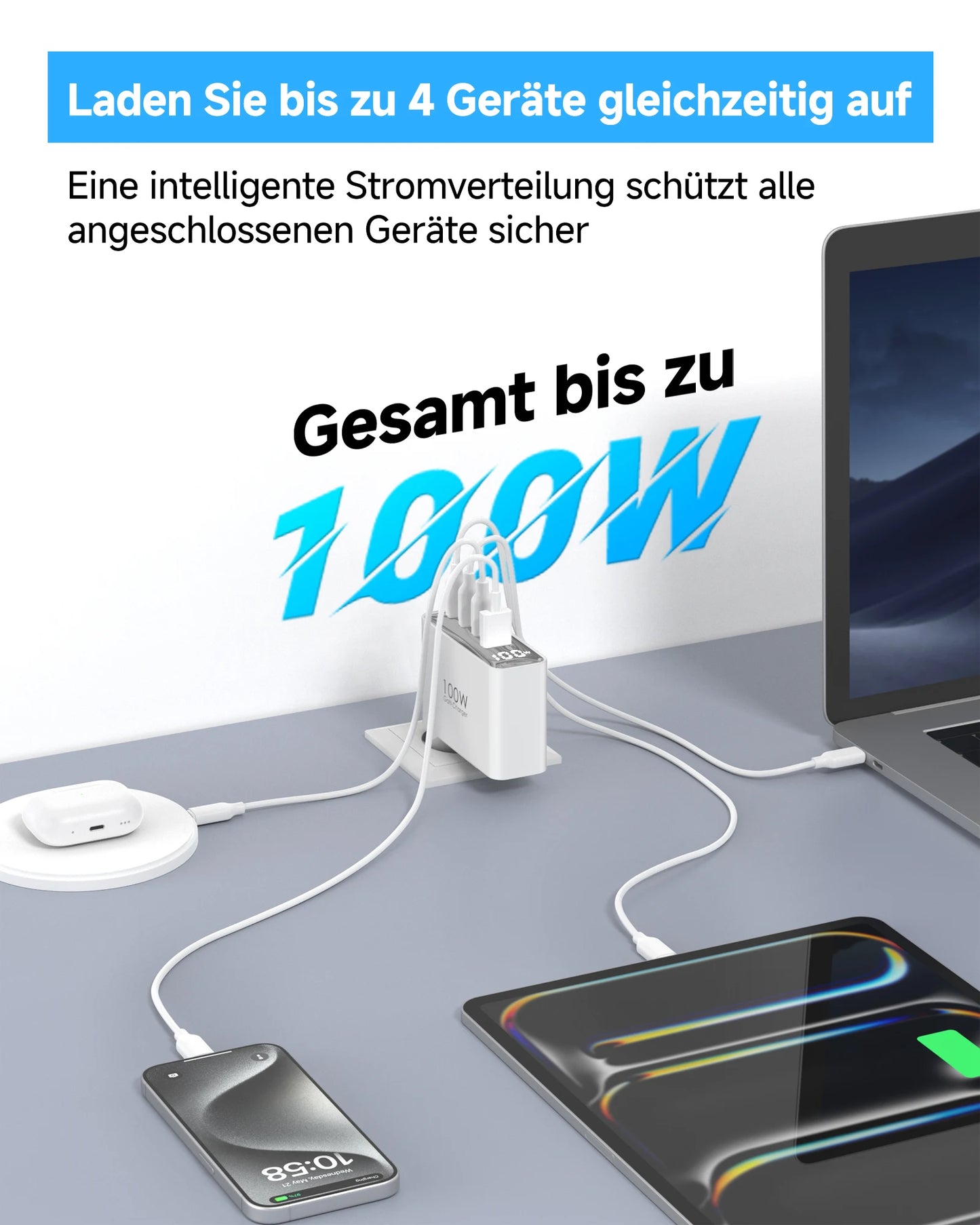 100W USB C Travel Charger 4-Port Foldable Travel Adapter UK/EU/AU
