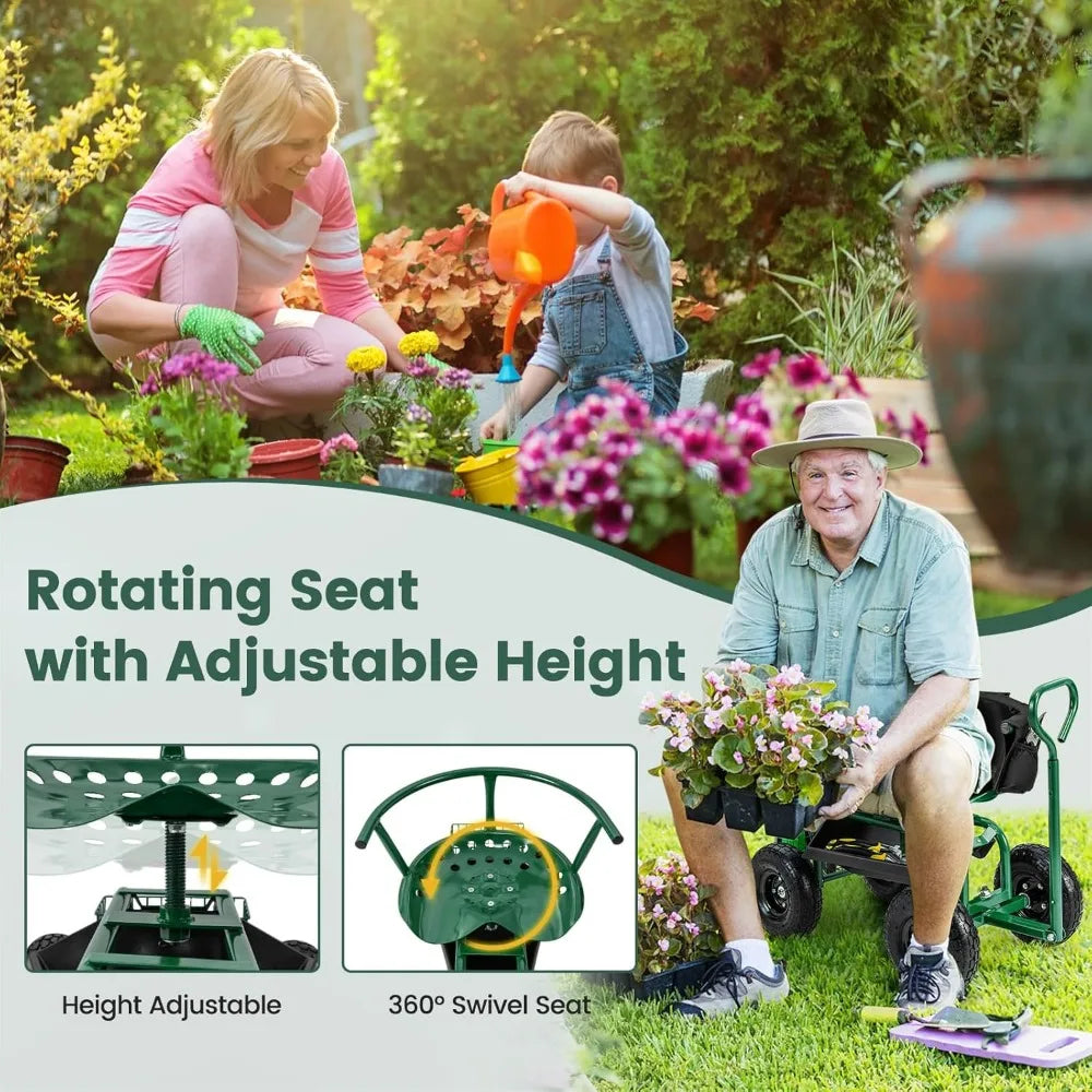 Goplus Garden Seat with Wheels, Rolling Gardening Stool with Adjustable 360° Swivel Seat, Tool Tray & Storage Basket Extendable