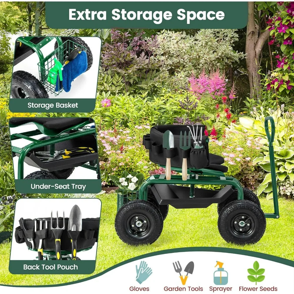 Goplus Garden Seat with Wheels, Rolling Gardening Stool with Adjustable 360° Swivel Seat, Tool Tray & Storage Basket Extendable