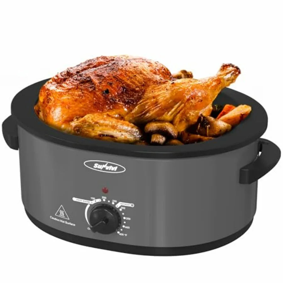 Electric Turkey Roaster Oven with Self-Basting Lid for Slow Cooking Stainless Steel Grey 8 QT with Removable Pan and Rack