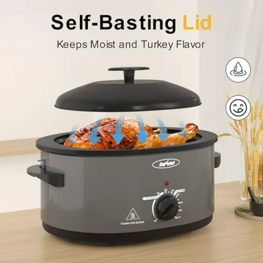 Electric Turkey Roaster Oven with Self-Basting Lid for Slow Cooking Stainless Steel Grey 8 QT with Removable Pan and Rack