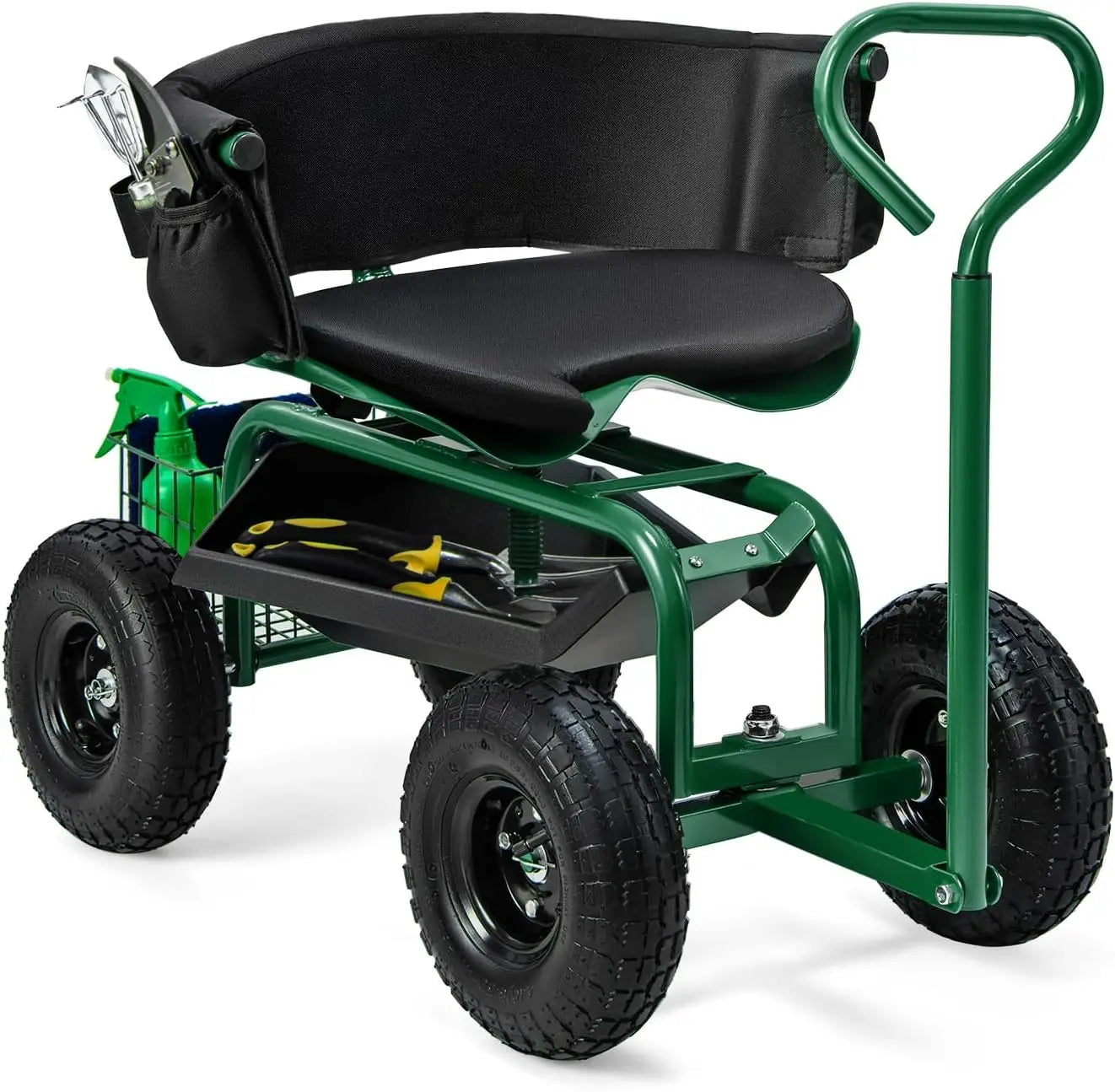 Goplus Garden Seat with Wheels, Rolling Gardening Stool with Adjustable 360° Swivel Seat, Tool Tray & Storage Basket Extendable