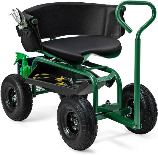 Goplus Garden Seat with Wheels, Rolling Gardening Stool with Adjustable 360° Swivel Seat, Tool Tray & Storage Basket Extendable