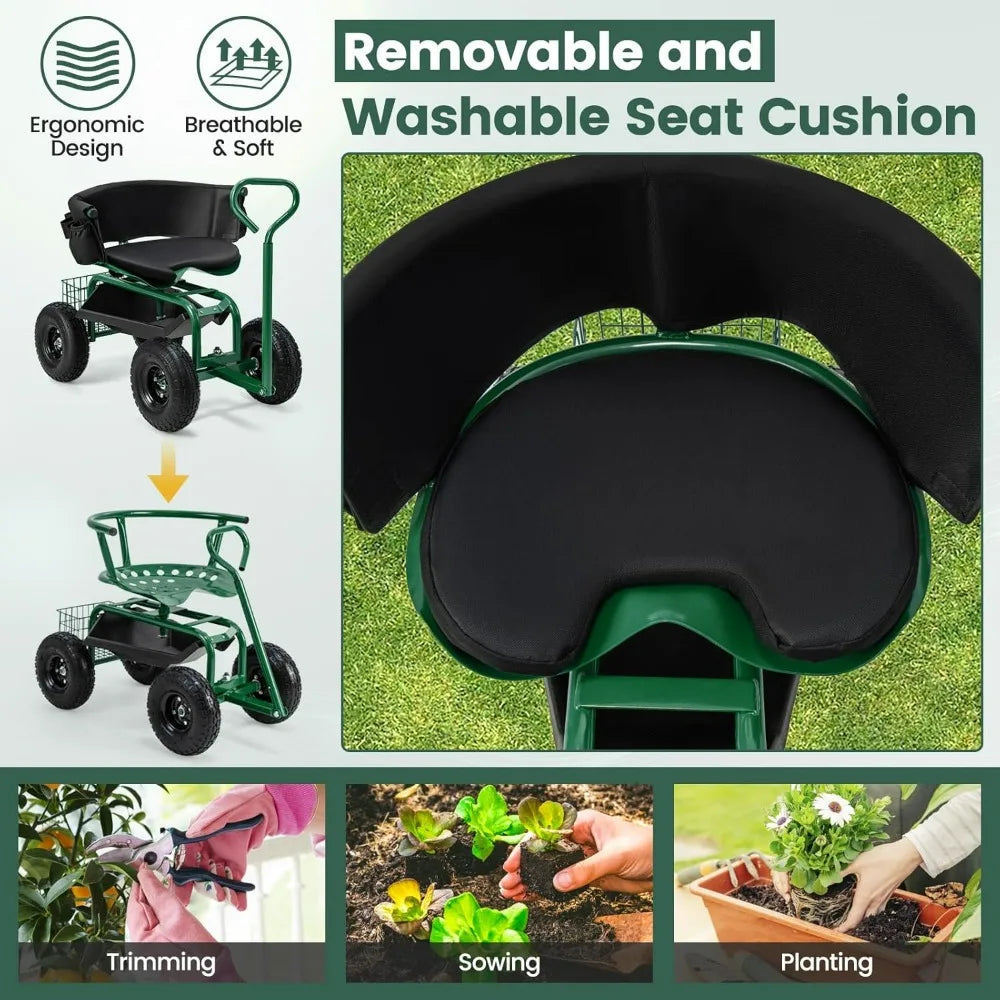 Goplus Garden Seat with Wheels, Rolling Gardening Stool with Adjustable 360° Swivel Seat, Tool Tray & Storage Basket Extendable